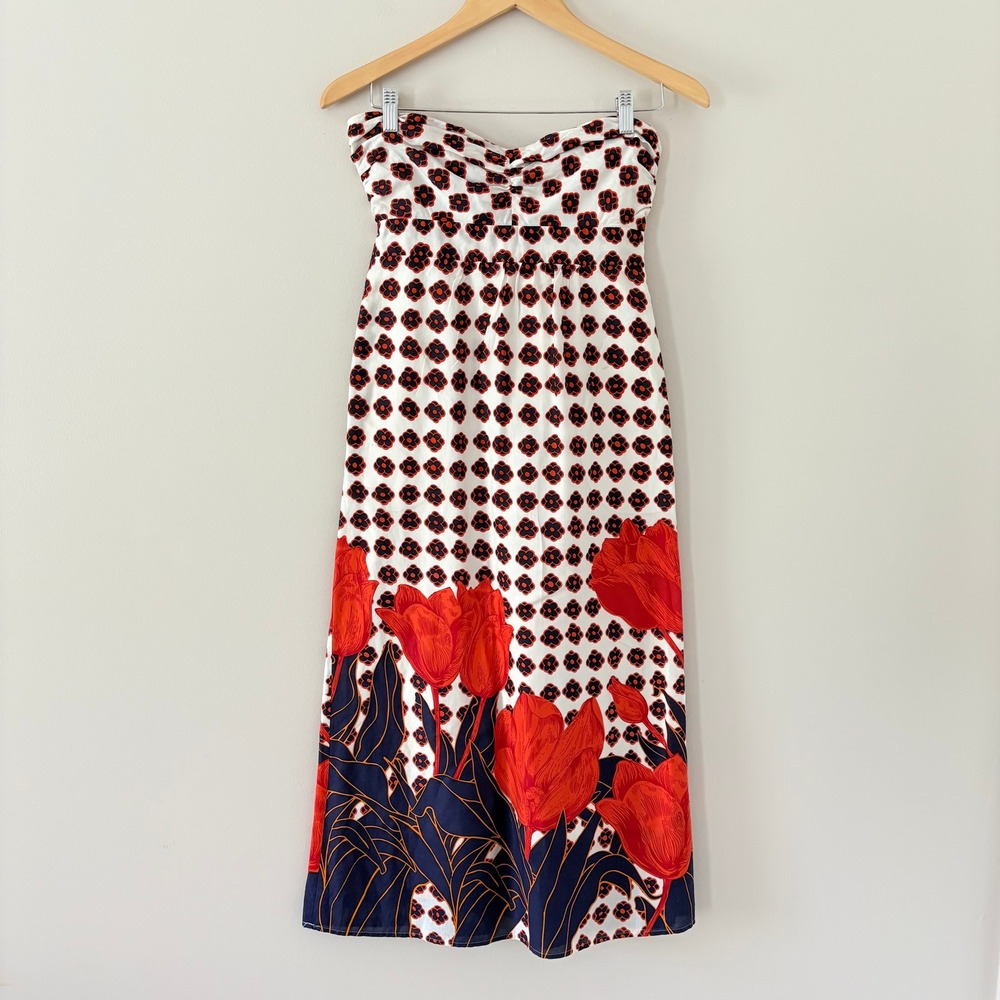 Maeve Anthropologie Tube Maxi Dress 0 White Red Tulip Fields Floral Strapless